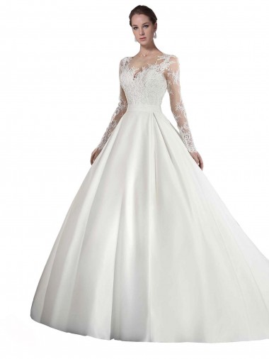 Blanc Trapèze Illusion Traîne cathédrale Satiné Dentelle Robes de mariée Outlet