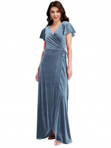 Bleu poussiéreux Trapèze Col V Velours Stretch Longue Robes demoiselle d'honneur / Robes de bal Outlet