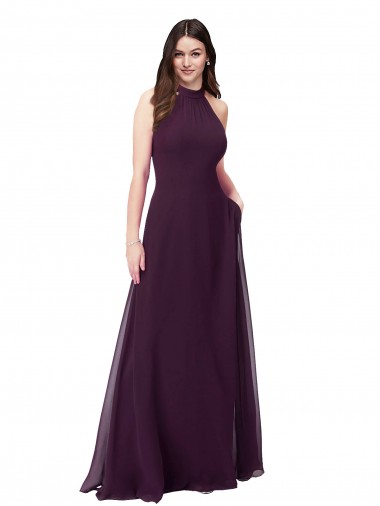 Pourpre Trapèze Licou Col Haut Mousseline Longue Robes demoiselle d'honneur Outlet