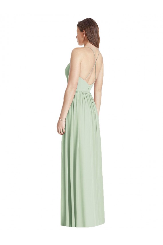 Vert Sauge Trapèze Bretelles spaghetti Col V Mousseline Longue Robes demoiselle d'honneur Outlet